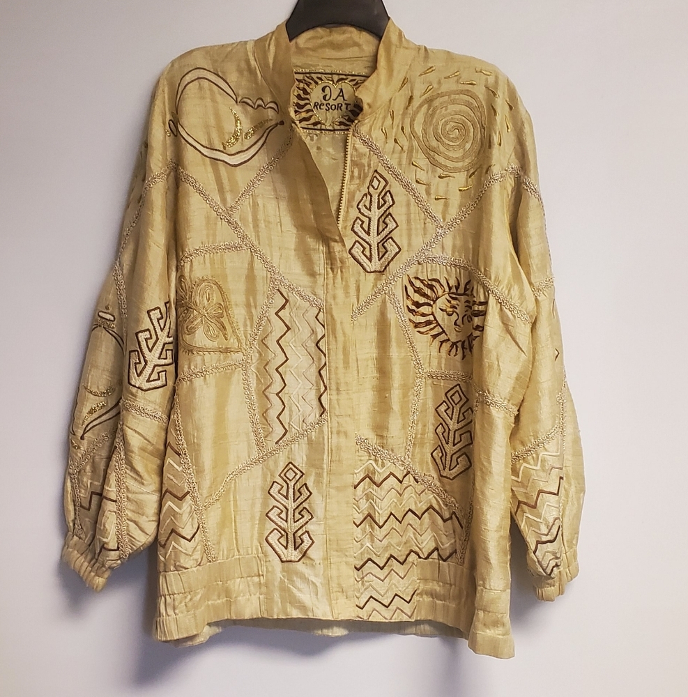 Vintage JA Resort Silk Embroidered Artsy Bomber Style Oversized Jacket S/M